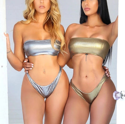 Metallic Tube Top Bikini Set - Bronzing Shimmer Low Rise