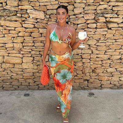 Three Piece Bikini Set - Tie Print Cover Up Beach - Fashions Envy