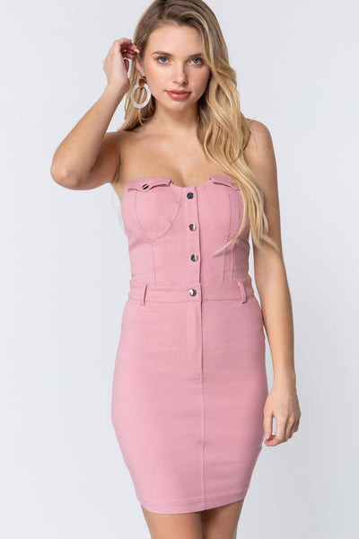 Trendy Strapless Button Down Mini Dress