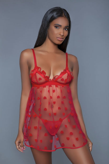 Red Fine Mesh 1 Piece Heart Designed Slip Dress