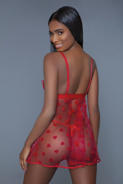 Red Fine Mesh 1 Piece Heart Designed Slip Dress