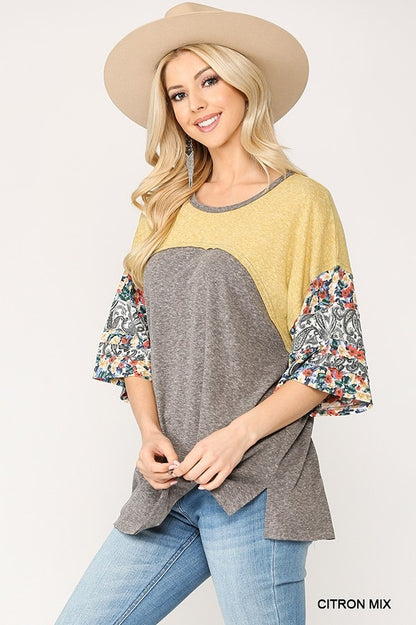 Colorblock Knit And Floral Print Mixed Top With Dolman Sleeve