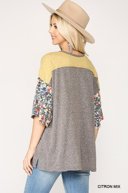 Colorblock Knit And Floral Print Mixed Top With Dolman Sleeve