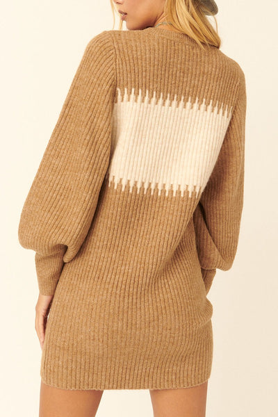 Ribbed Knit  Sweater Bishop Sleeve Mini Dress
