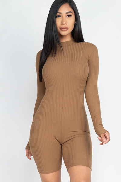 Rear Zipper Ribbed Knit Fitted Romper