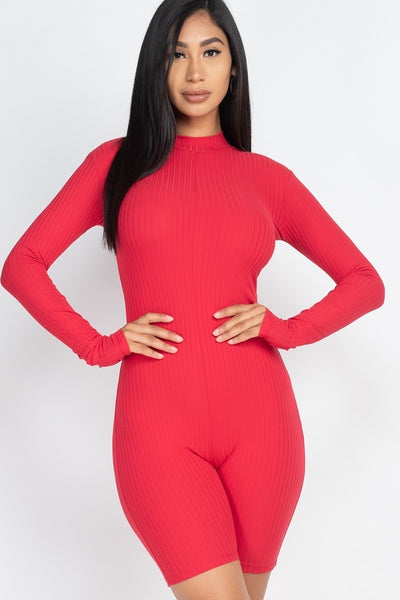 Rear Zipper Ribbed Knit Fitted Romper