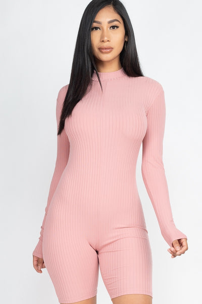 Rear Zipper Ribbed Knit Fitted Romper
