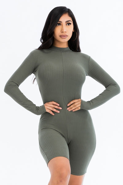 Rear Zipper Ribbed Knit Fitted Romper