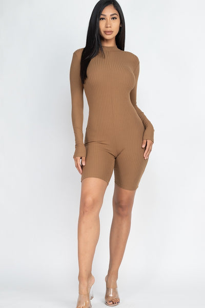 Rear Zipper Ribbed Knit Fitted Romper
