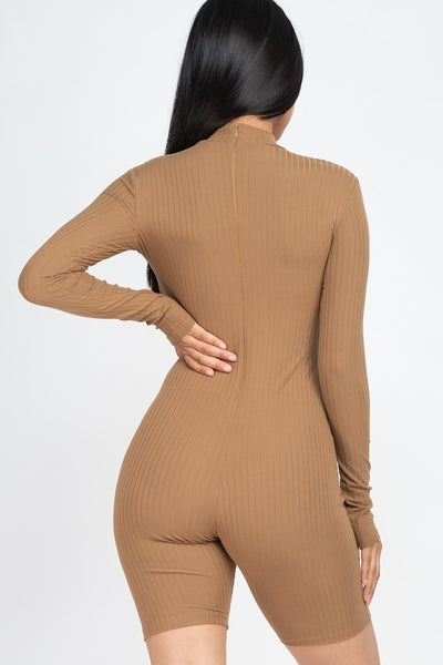 Rear Zipper Ribbed Knit Fitted Romper