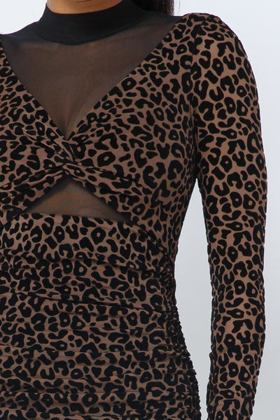 Animal Print Long Sleeve Mock Neck Mini Dress - Fashions Envy