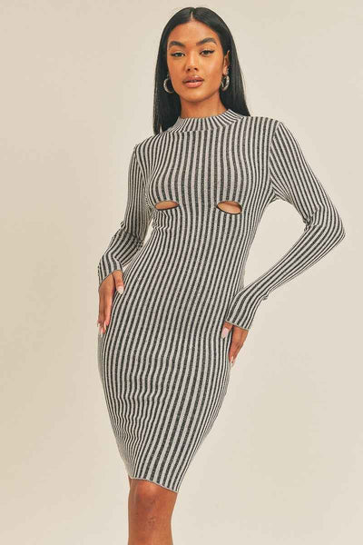 Black/White Peek-a-Boo Long Sleeve Stripe Print Midi Dress