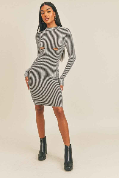 Black/White Peek-a-Boo Long Sleeve Stripe Print Midi Dress