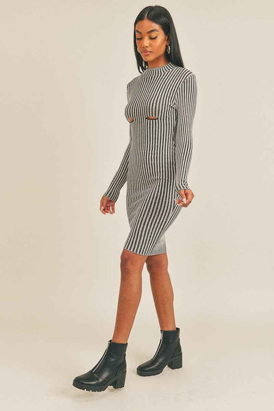 Black/White Peek-a-Boo Long Sleeve Stripe Print Midi Dress