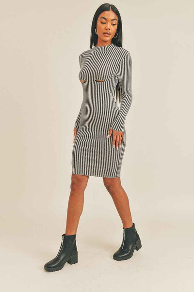 Black/White Peek-a-Boo Long Sleeve Stripe Print Midi Dress