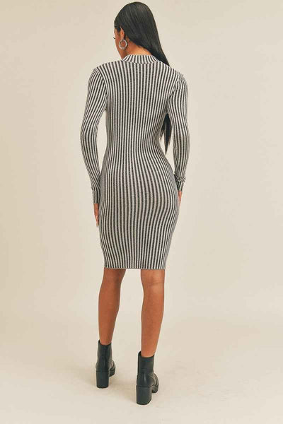 Black/White Peek-a-Boo Long Sleeve Stripe Print Midi Dress