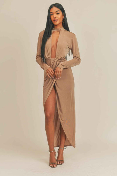 Pecan Brown Open Front Midi Dress