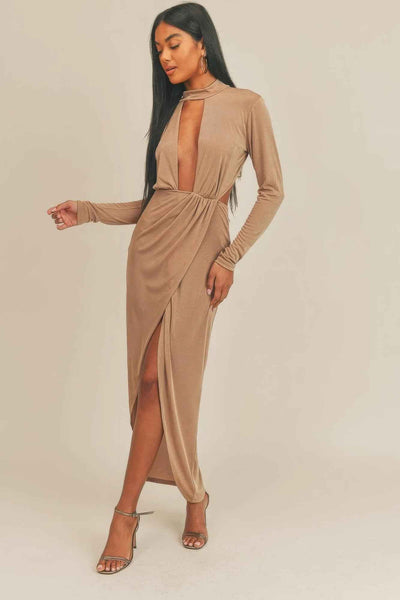 Pecan Brown Open Front Midi Dress