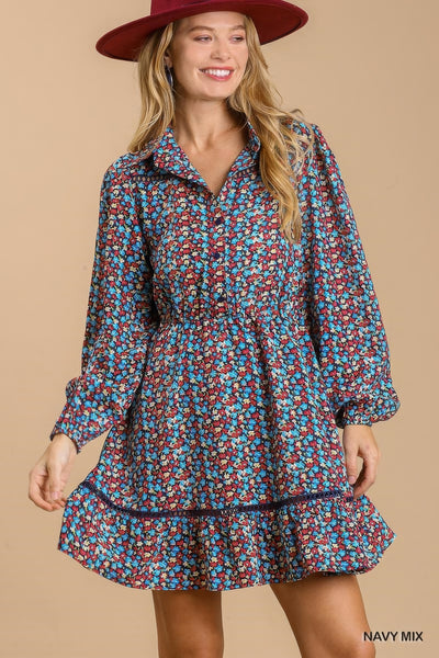 Collared Neckline Button Down Floral Print Dress with Crochet Trimmed Details