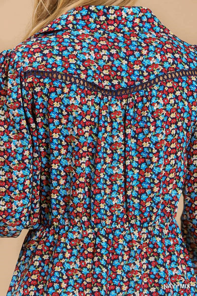 Collared Neckline Button Down Floral Print Dress with Crochet Trimmed Details