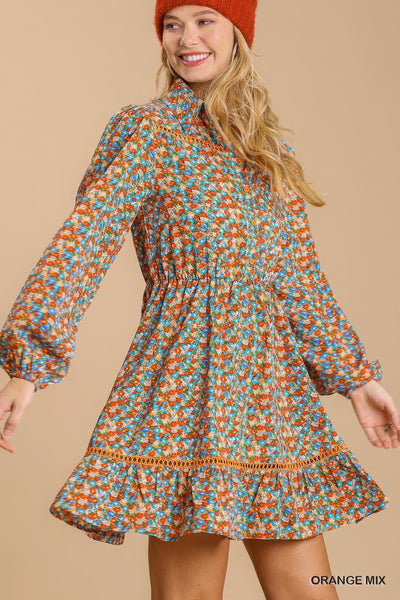 Collared Neckline Button Down Floral Print Dress with Crochet Trimmed Details