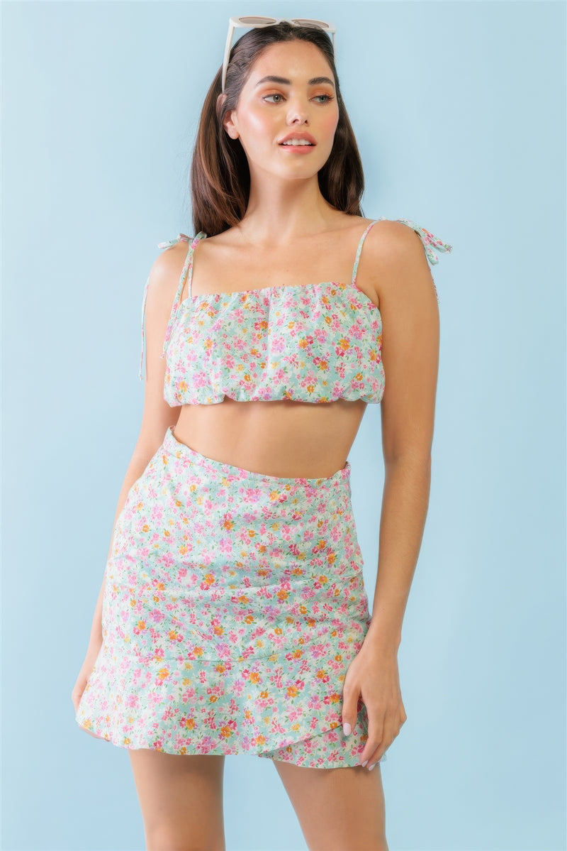 Mint Fuchsia Print Sleeveless Strappy Crop Top & High Waist Wrap Hem Mini Skirt Set