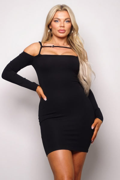 Long Sleeve Cuff Front Strap Mini Dress - Fashions Envy