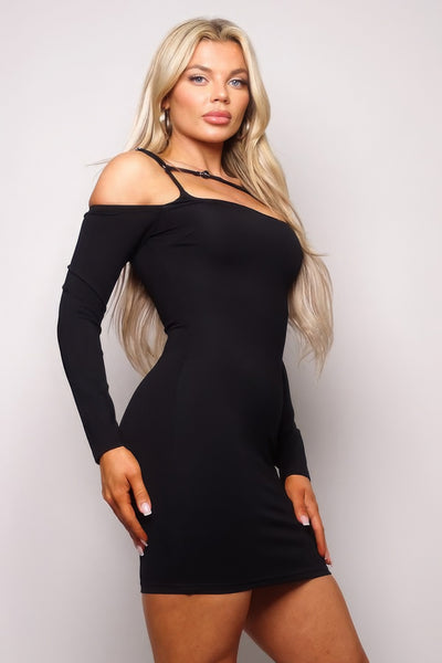 Long Sleeve Cuff Front Strap Mini Dress - Fashions Envy