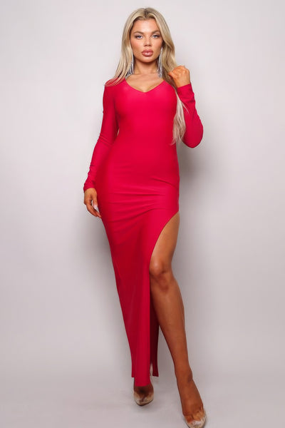 Long Sleeve V Neck Open Back Maxi Dress - Fashions Envy