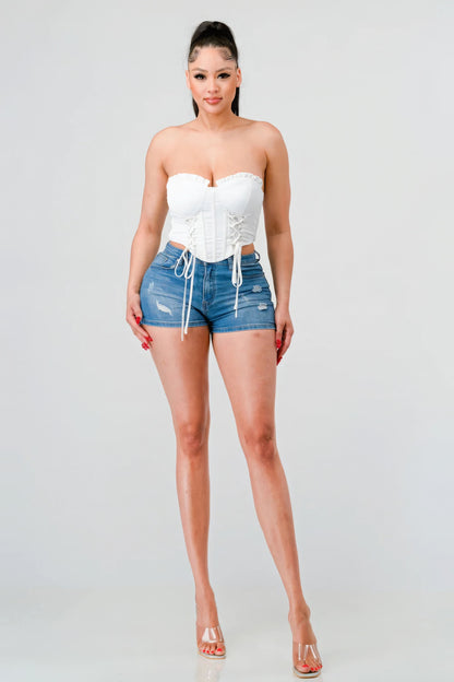 Luxe Sweetheart Ruffled Drawstring Lace Bustier Top