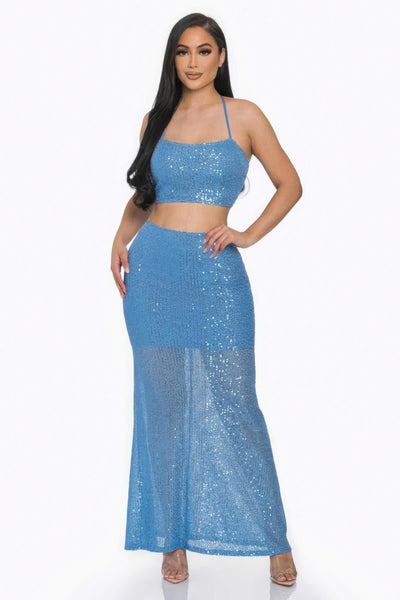 Blue Criss-cross Back Sequin Maxi Dress - Fashions Envy