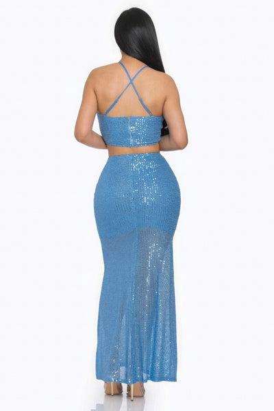 Blue Criss-cross Back Sequin Maxi Dress - Fashions Envy