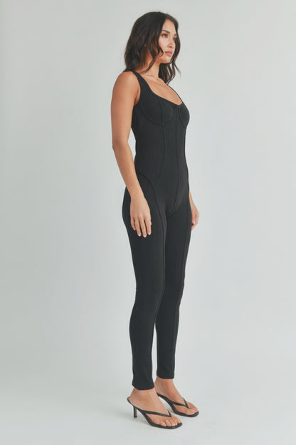 Chic Textured Piped Fitted Black Jumpsuit