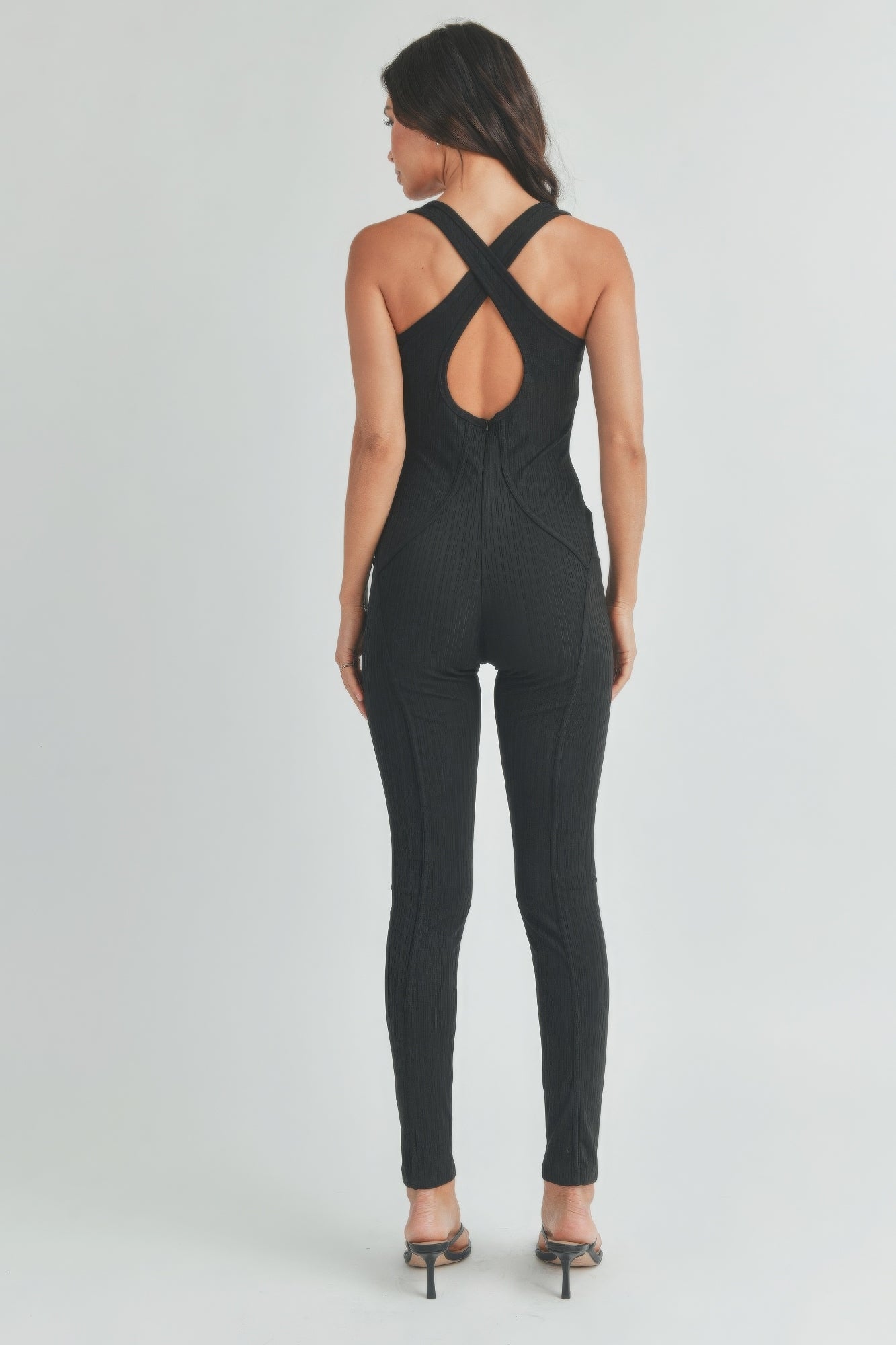 Chic Textured Piped Fitted Black Jumpsuit