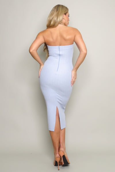 V-Strap Knit Tube Form Fitted Midi Dress