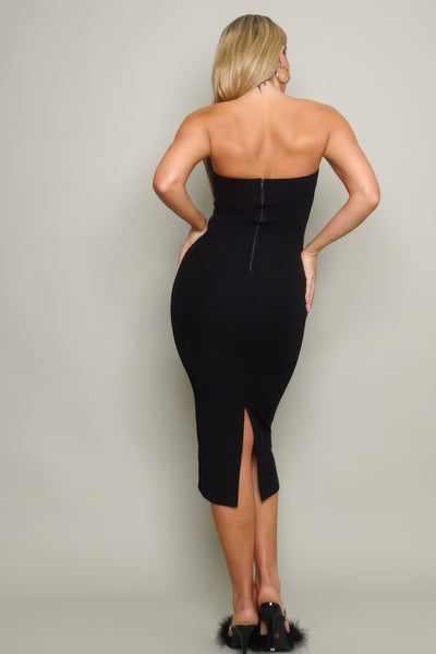 V-Strap Knit Tube Form Fitted Midi Dress