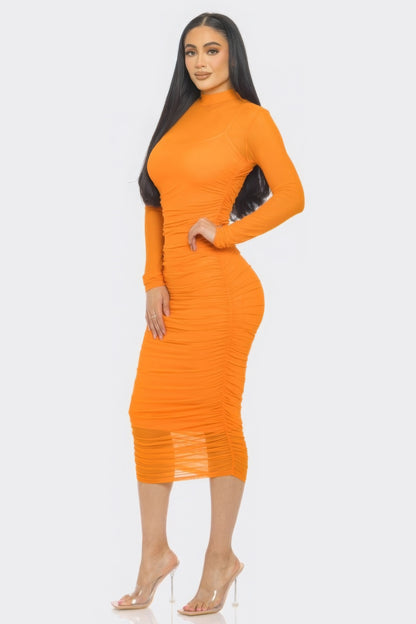 Solid Mesh Ruched Midi Dress