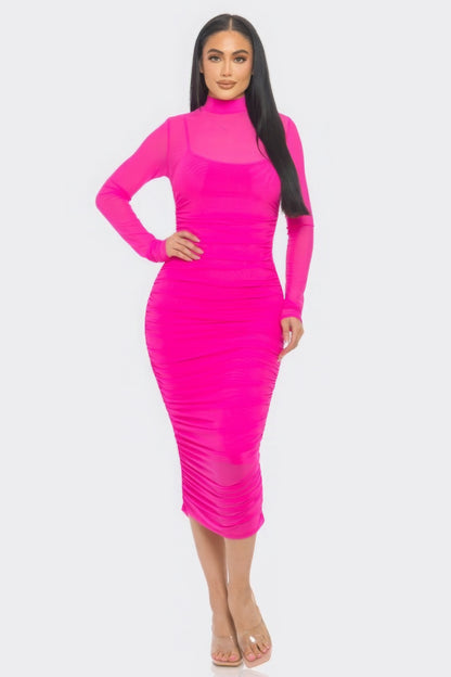 Solid Mesh Ruched Midi Dress