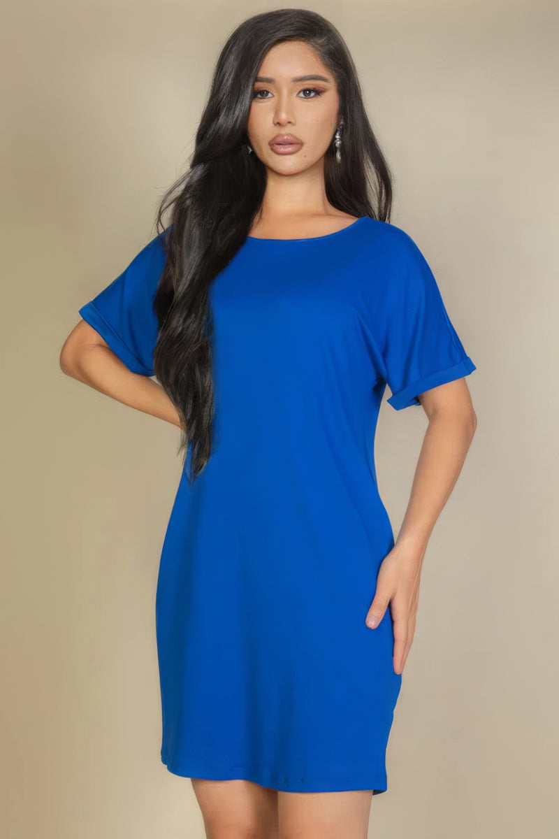 Side Pocket Double Folded Short Sleeve Mini Dress