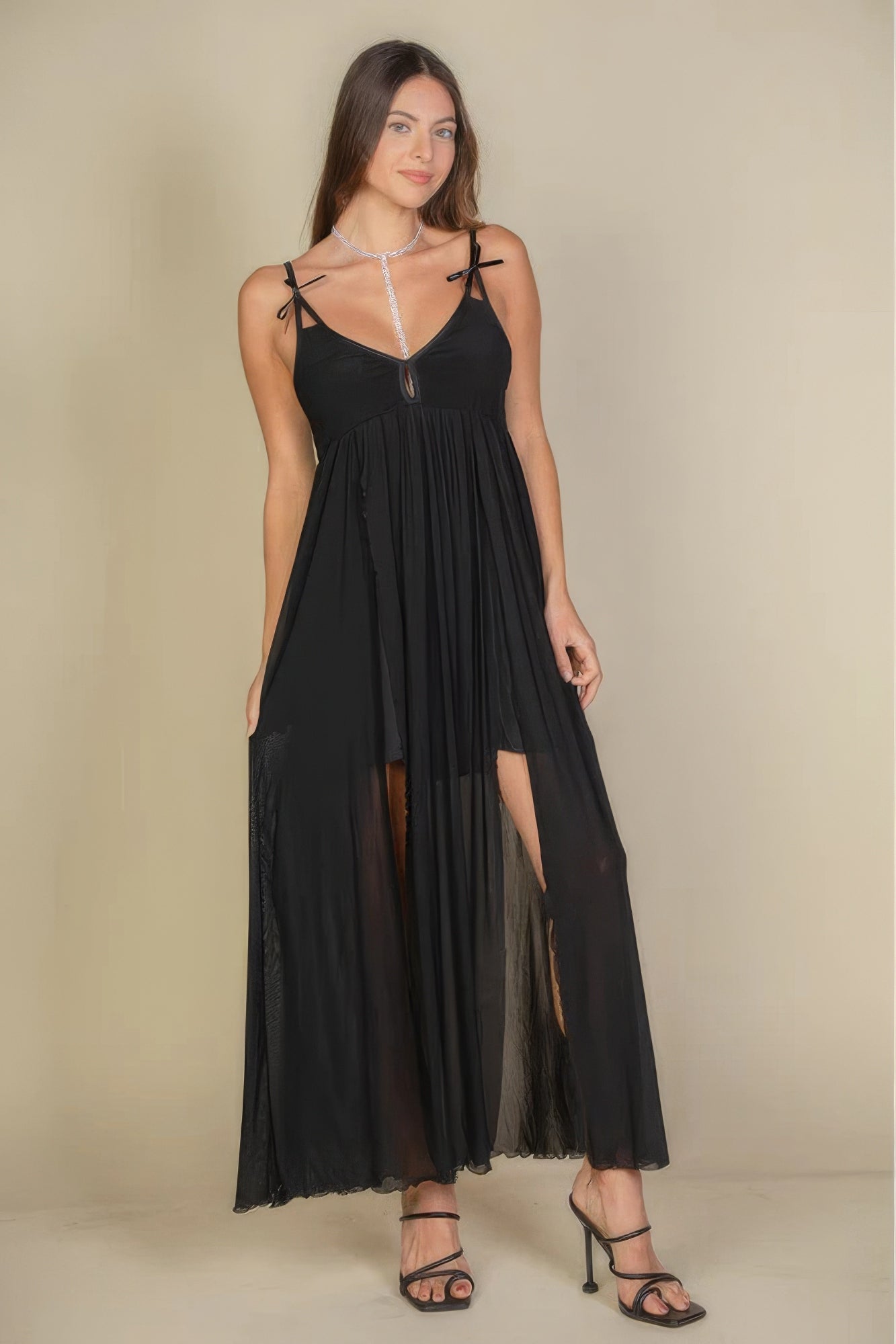 Plunge Neck Split Thigh Mesh Maxi Dress