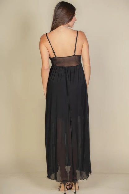 Plunge Neck Split Thigh Mesh Maxi Dress