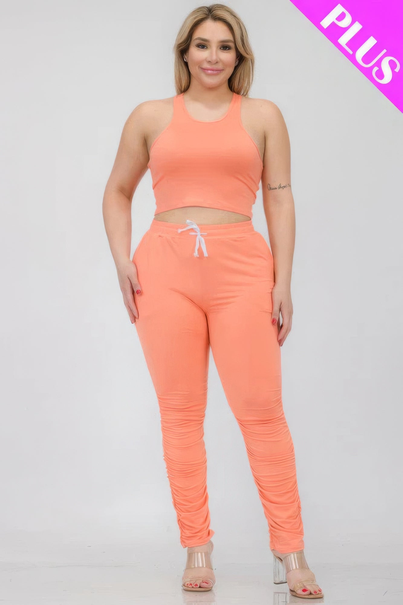 Plus Size Flamingo Crop Tank Top & Ruched Pants Set