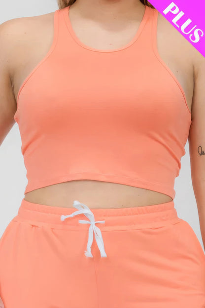 Plus Size Flamingo Crop Tank Top & Ruched Pants Set