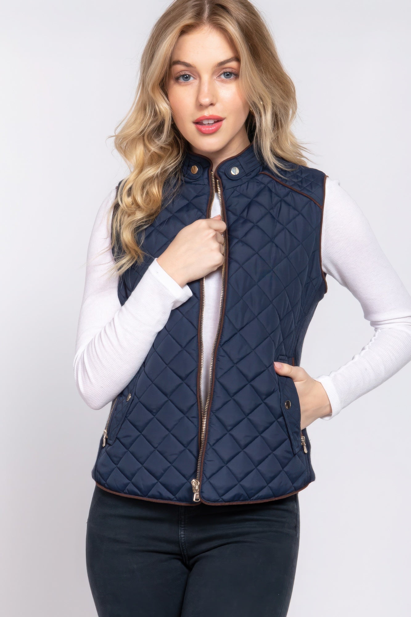 Suede Piping Quilted Padding Navy Vest