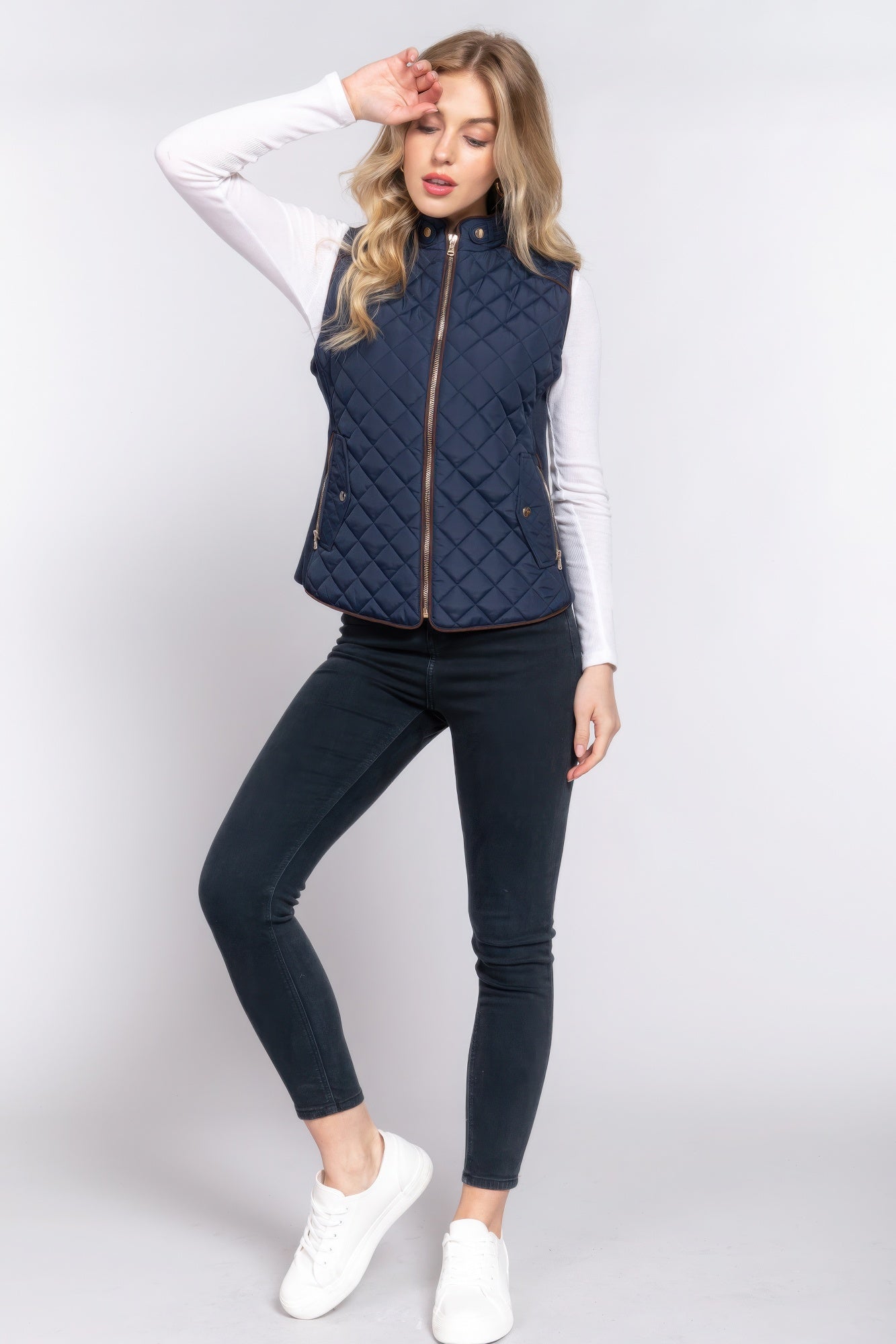 Suede Piping Quilted Padding Navy Vest