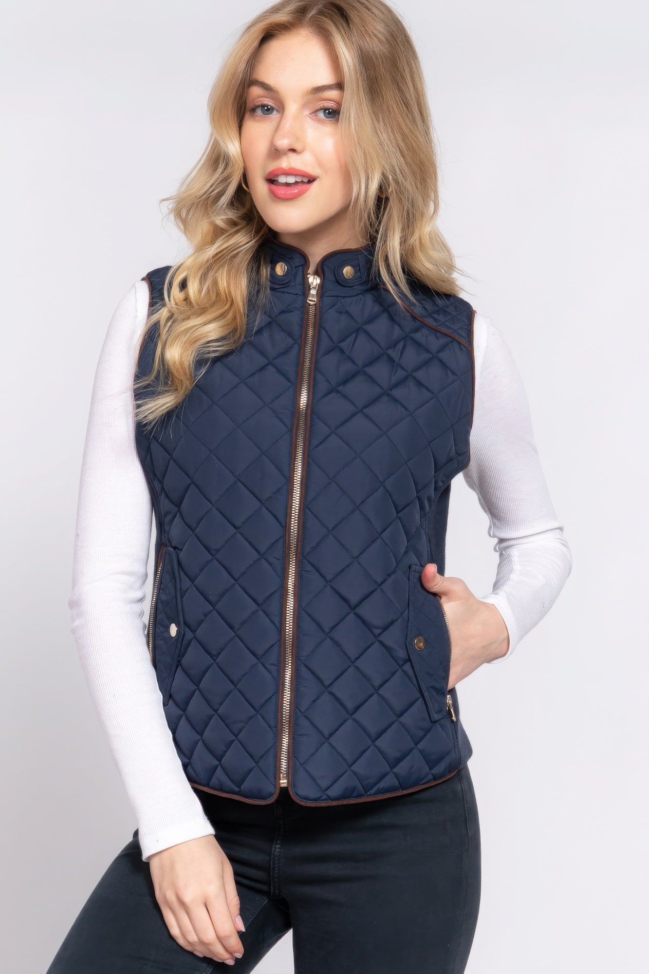 Suede Piping Quilted Padding Navy Vest