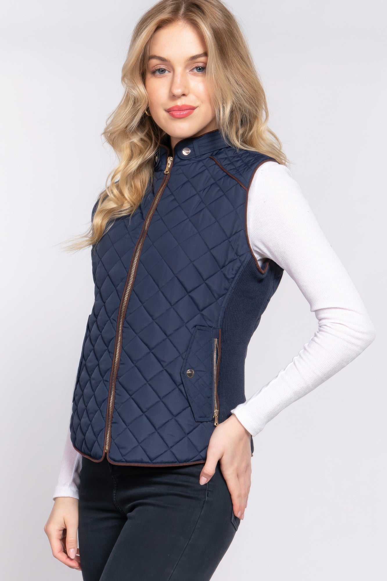 Suede Piping Quilted Padding Navy Vest