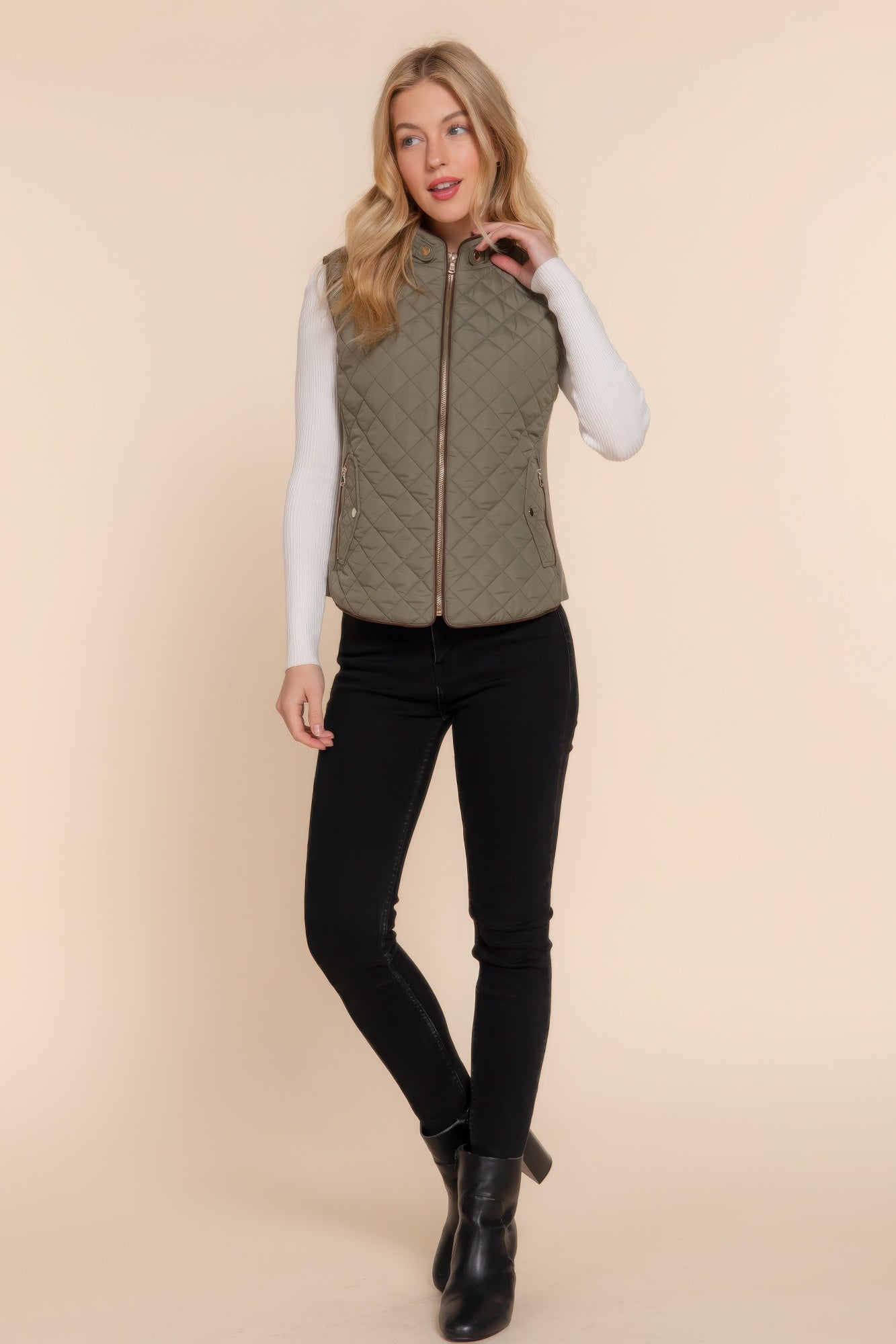 Suede Piping Quilted Padding Olive Oil Vest