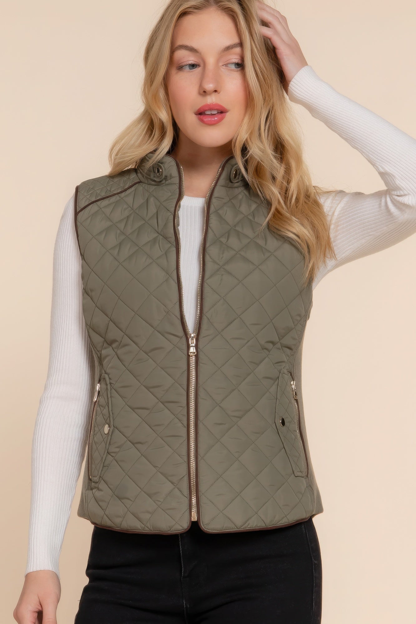 Suede Piping Quilted Padding Olive Oil Vest