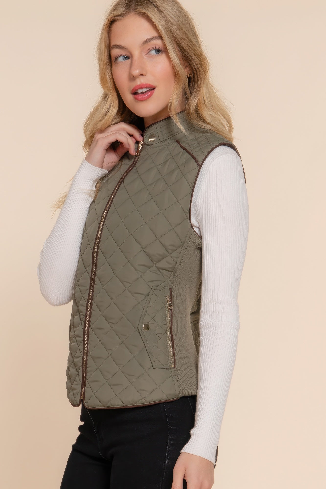 Suede Piping Quilted Padding Olive Oil Vest